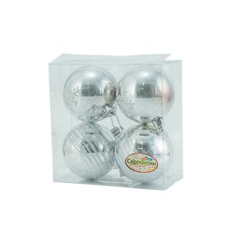 Набор шаров Снежные нити 6 см цвет белый/серебро 4шт Набор шаров Снежные нити 6 см цвет белый/серебро 4шт