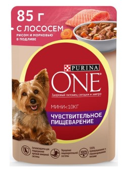 Корм консервированный для собак мелких пород Purina One ONE MINI Чувствительное пищеварение лосось, рис, морковь в соусе 85г