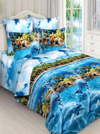 Комплект постельного белья Подводный мир двуспальный бязь синий Комплект постельного белья Подводный мир двуспальный бязь синий