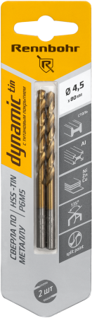 Сверло по металлу RENNBOHR 667045 4,5 мм 80 мм 2 шт Сверло по металлу RENNBOHR 667045 4,5 мм 80 мм 2 шт