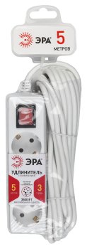 Удлинитель бытовой ЭРА 3 розетки с выключателем с заземлением 5 м 16А белый IP20