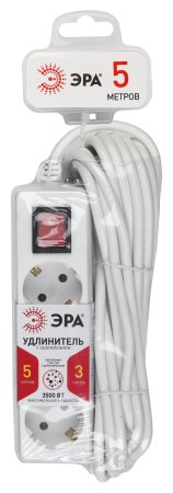 Удлинитель бытовой ЭРА 3 розетки с выключателем с заземлением 5 м 16А белый IP20