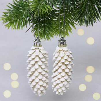 Набор елочных украшений Шишки блестящие 9см цвет белый 2шт