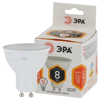 Лампа светодиодная ЭРА GU10 8Вт 2700К теплый белый MR16