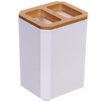 Стакан для зубных щеток с разделителем Квадро пластик/бамбук цвет белый