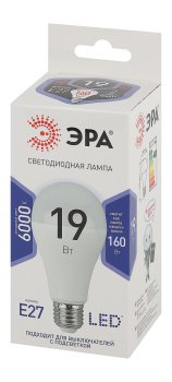 Лампа светодиодная ЭРА E27 19Вт 6000К холодный белый груша (А)