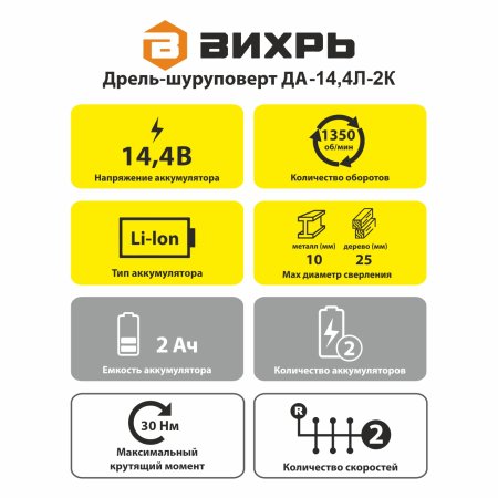 Дрель-шуруповерт аккумуляторная Вихрь ДА-14,4Л-2К Li-lon 14,4В 2x2Ач 26Нм