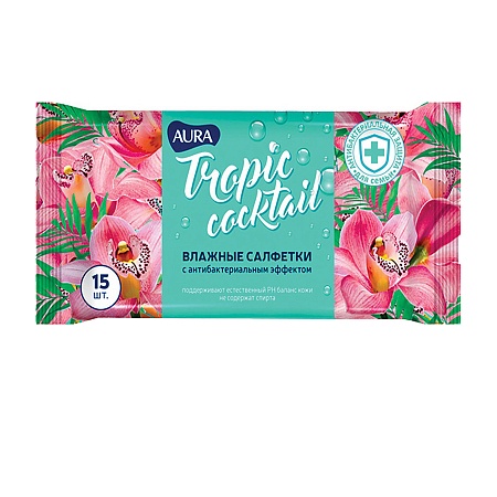 Салфетки влажные Aura Tropic Cocktail антибактериальные  15 шт