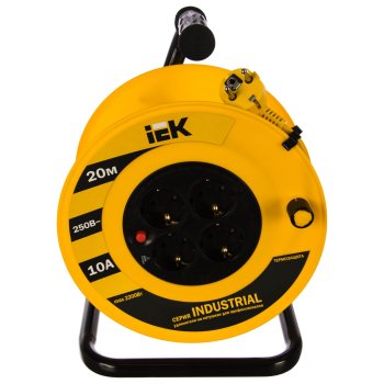 Удлинитель на катушке IEK INDUSTRIAL 4 розетки без выключателя с заземлением 20 м 10А желтый/черный IP20