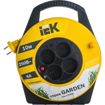 Удлинитель на катушке IEK GARDEN 4 розетки без выключателя без заземления 10 м 6А желтый/черный IP20