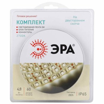 Лента светодиодная ЭРА 4,8Вт/м 12В IP20 теплый белый уп.5м (св/диоды SMD2835)