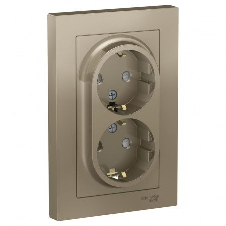 Розетка силовая двойная встраиваемая Schneider Electric AtlasDesign с заземлением, цвет шампань, арт. ATN000526